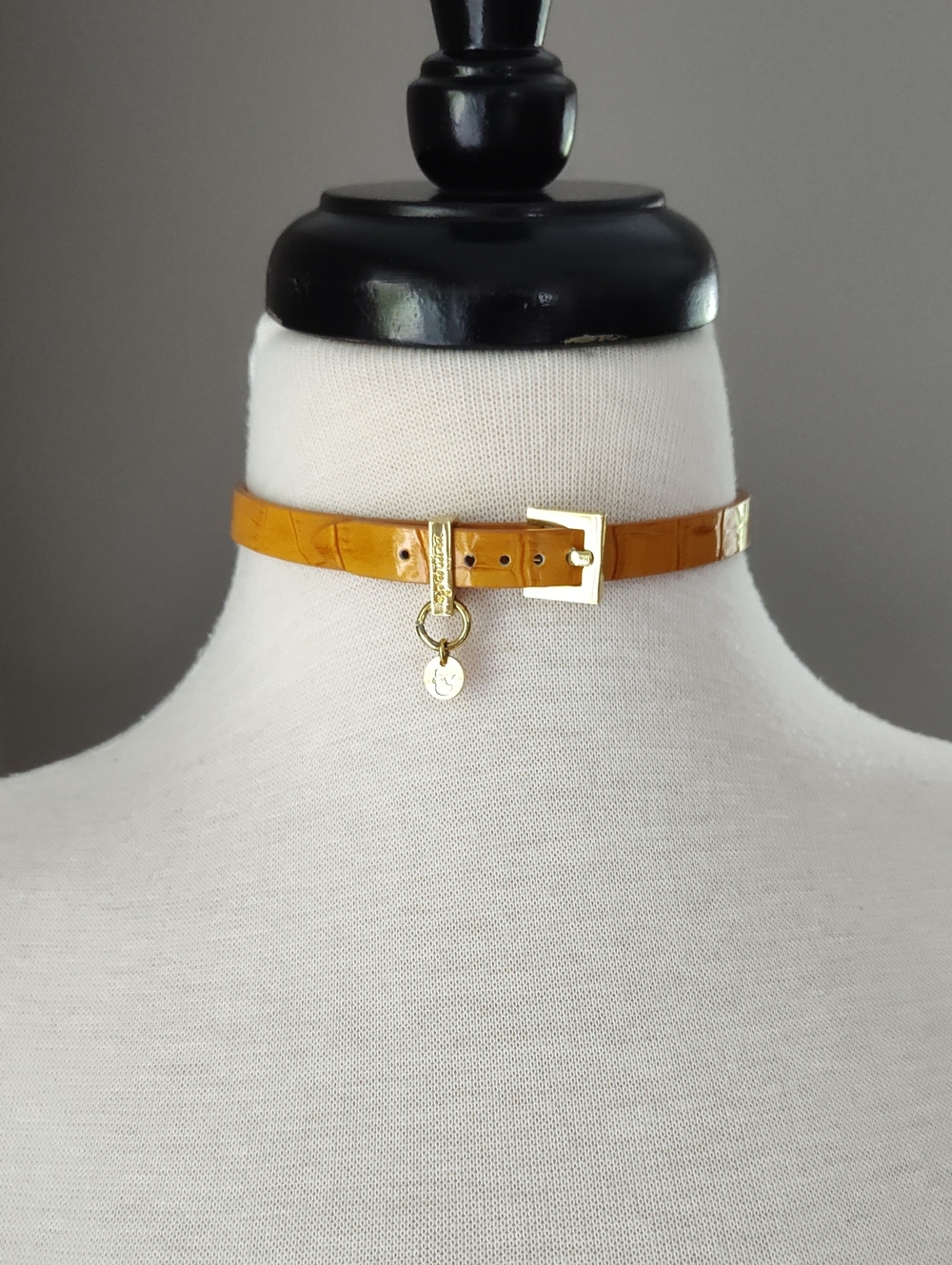 Spartina Yellow Leather Pet Collar With Gold Designer Buckle  And Gold Charm